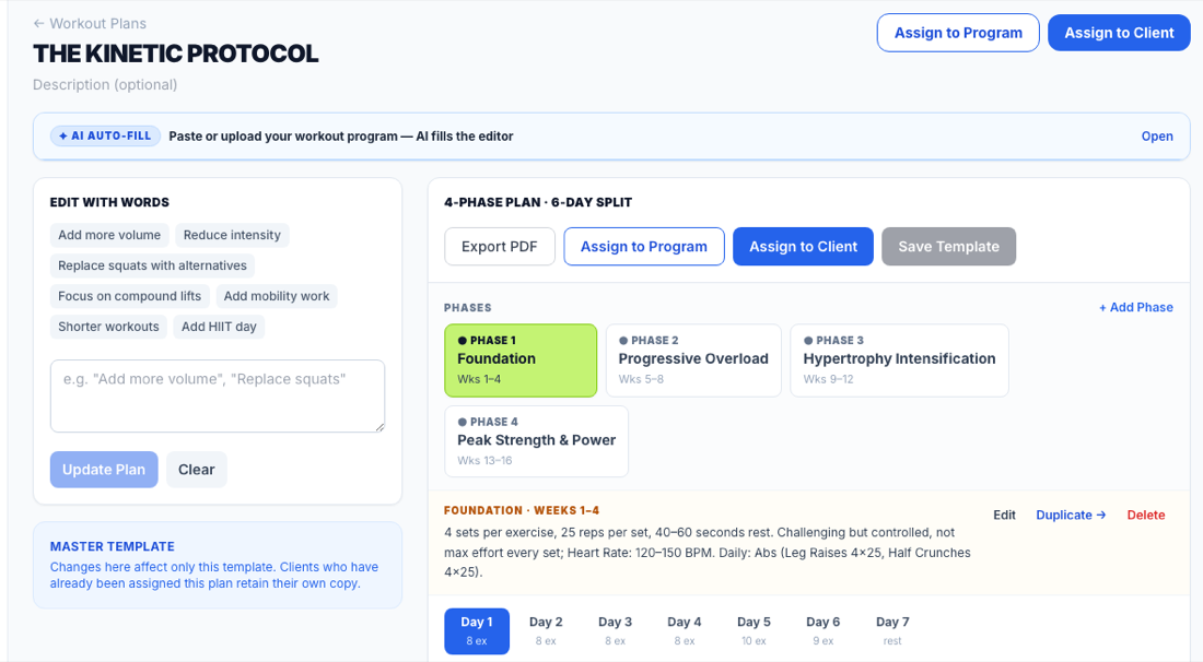 AI workout plan builder — a 4-phase periodised program with AI auto-fill and edit-with-words
