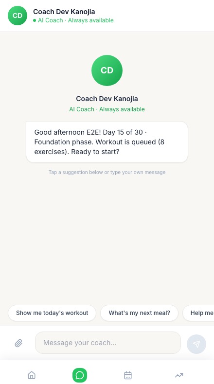 Client web app chat — the coach's branded AI that knows the client's plan and day, with quick suggestions and a meal-photo attach