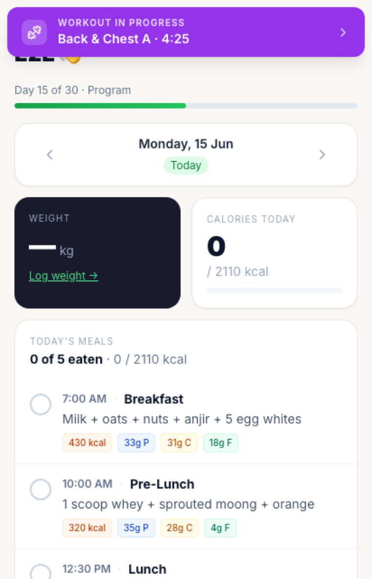 Client web app home screen — today's date, weight and calorie cards, and today's meals with macros
