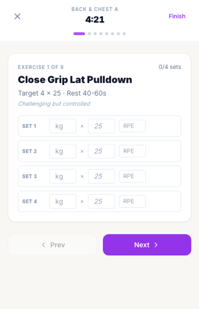 Client web app live workout session — exercise progress, set-by-set kg/reps/RPE logging with a rest timer