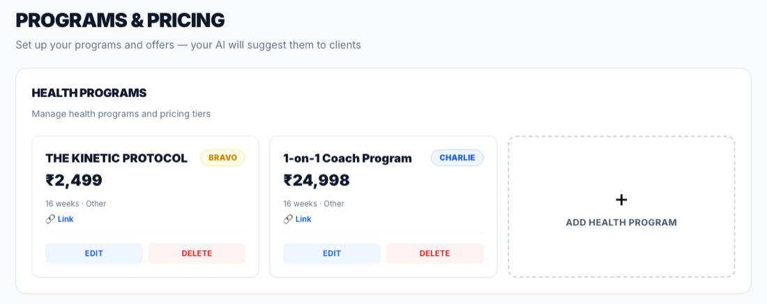 Programs & pricing — tiered offers your twin sells, each with its own link